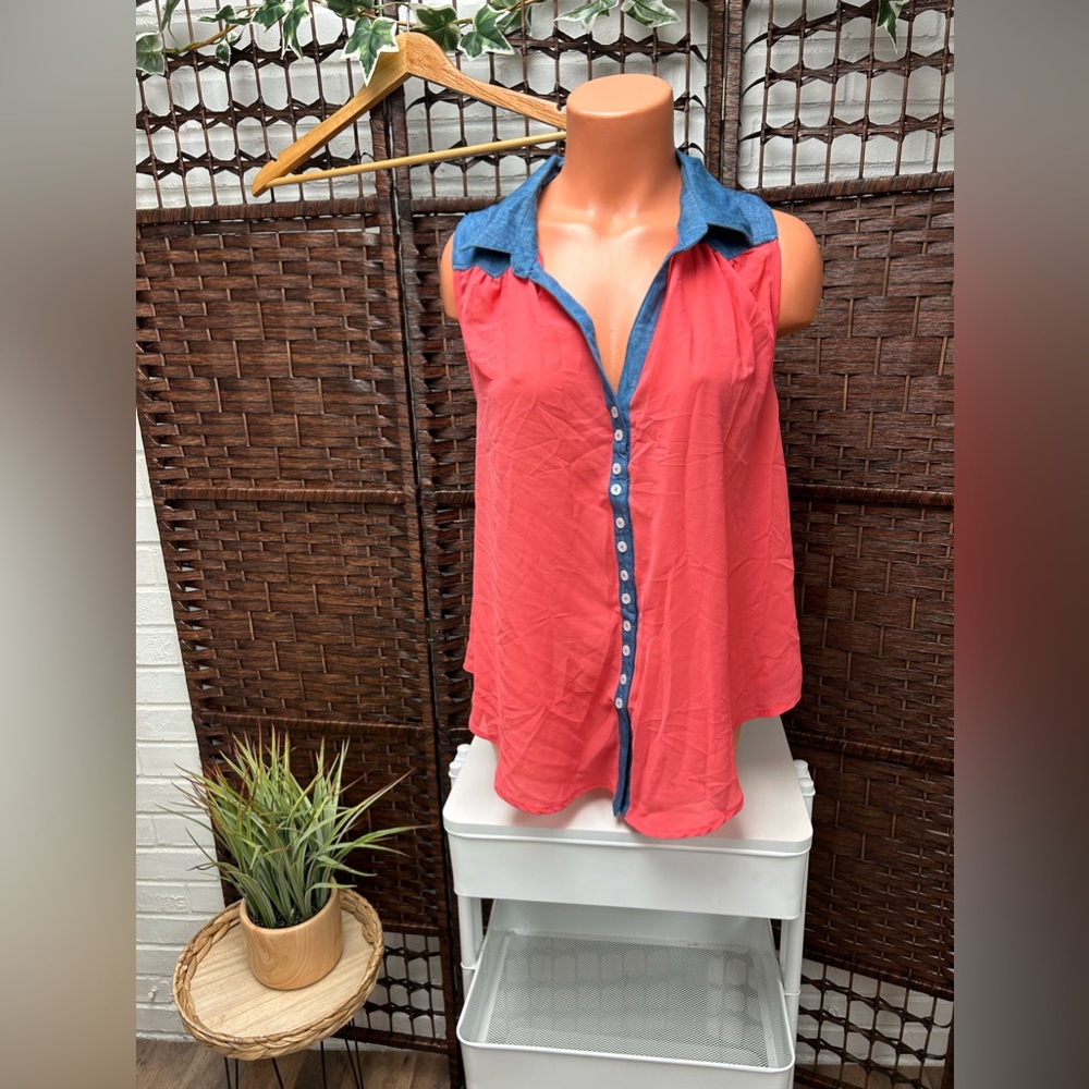 Color Story Coral Color See Through Sheer and Jean like Top with buttons